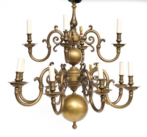 A DUTCH STYLE BRONZE METAL BALL-KNOP TWELVE LIGHT CHANDELIER