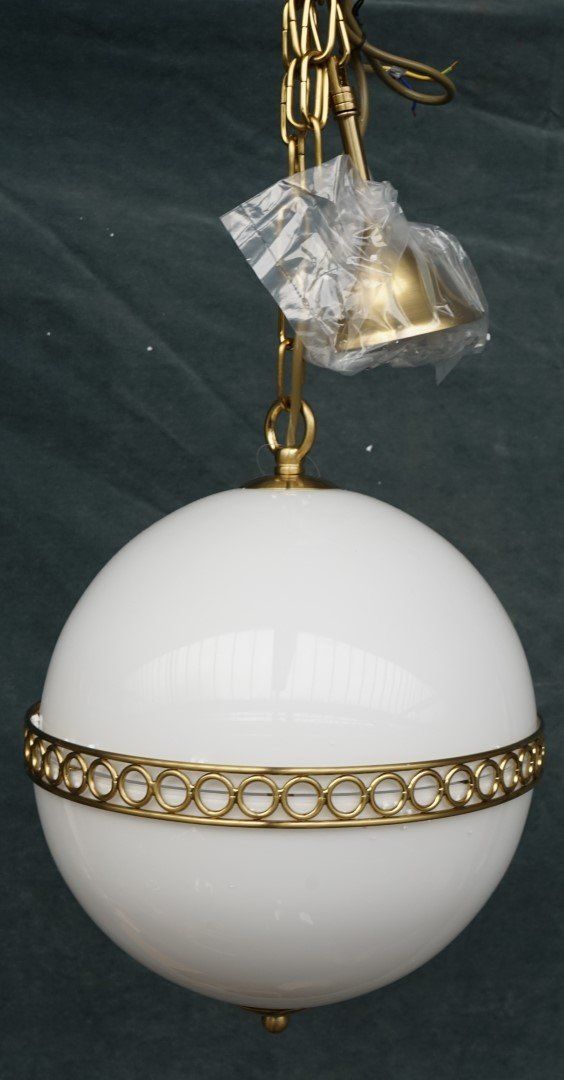 A GROUP OF FIVE OPALINE AND BRASS LACQUERED METAL GLOBE HANGING LIGHTS (5)
