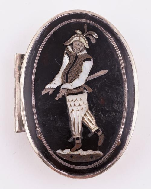AN ITALIAN MOTHER-OF-PEARL AND TORTOISESHELL INLAID SILVER MOUNTED SNUFF BOX