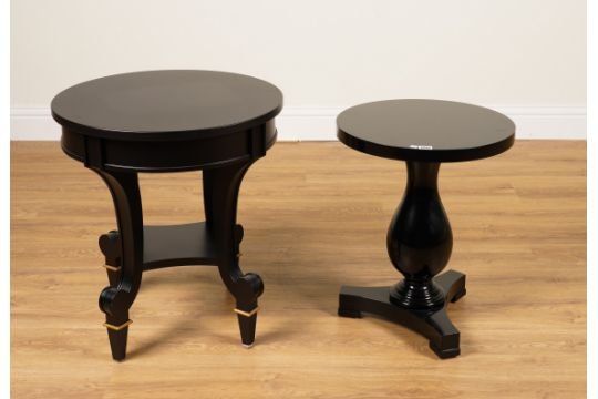 RALPH LAUREN; A BOHEMIAN BLACK LACQUER CIRCULAR OCCASIONAL TABLE ON BALUSTER COLUMN (2)