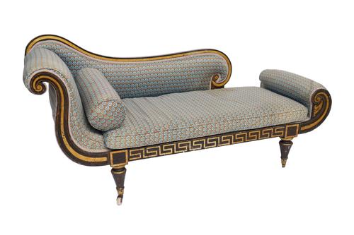 A REGENCY FAUX ROSEWOOD PARCEL GILT SCROLL END CHAISE LONGUE