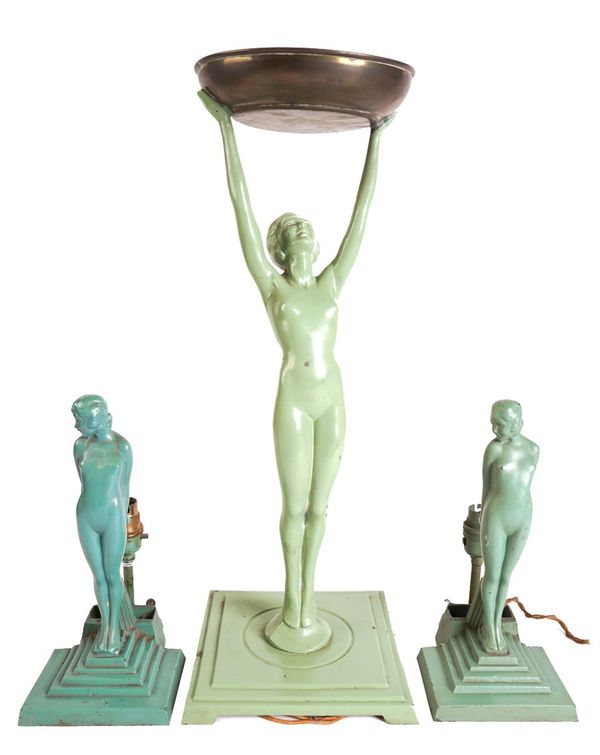 AN ART DECO GREEN PAINTED SPELTER FIGURAL TABLE LAMP AND A PAIR  OF TABLE LAMPS (3)