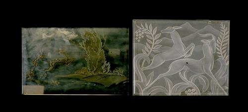 AN ART DECO FROSTED AND MOULDED GLASS PANEL OF A PAIR OF LEAPING GAZELLES (2)