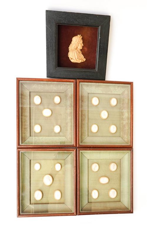 A SET OF FOUR FRAMED PLASTER INTAGLIOS AFTER NATHANIEL MARCHANT AND A WAX CAMEO (5)