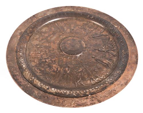 AFTER FERDINAND LEVELLIAN (FRENCH, 1837-1905): A NEO-GREC STYLE SILVER-PLATED TAZZA CAST BY BARBEDIENNE