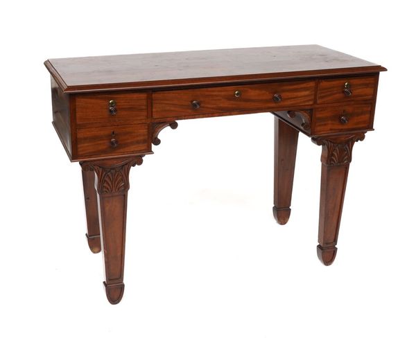 A GEORGE IV MAHOGANY FIVE DRAWER HALL TABLE ON SILHOUETTE SUPPORTS