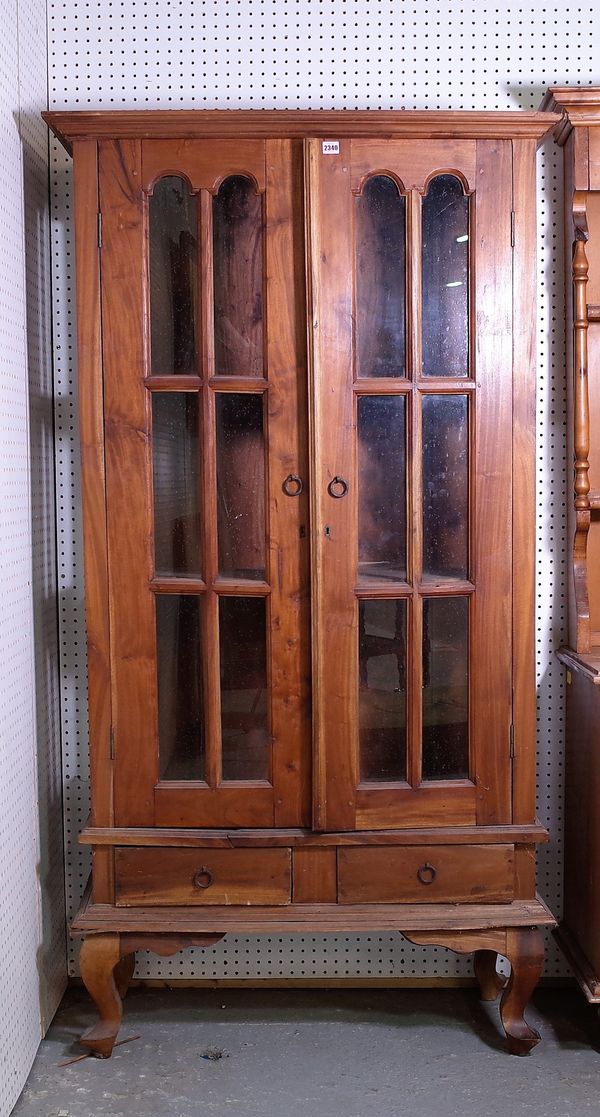 A modern hardwood display cabinet with two short drawers