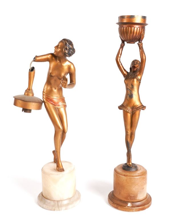 AN ART DECO STYLE GILT-METAL FIGURAL TABLE LAMP MODELLED AS A DANCER (2)