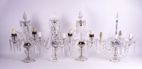 TWO PAIRS OF GLASS LUSTRE CANDELABRA  (4)