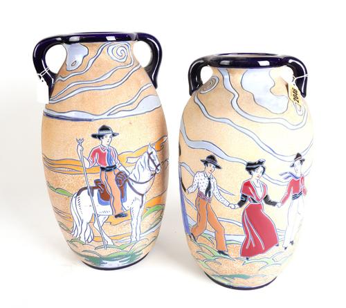 TWO ART DECO CZECH AMPHORA POTTERY VASES OR URNS