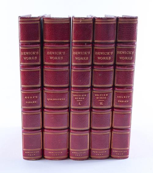 BEWICK, Thomas (1753-1828). [Selected Works], London, 1805-20, 5 volumes, large 8vo, illustrations by Thomas Bewick, the "Aesop's Fables" vol. with "thumbprint" receipt SIGNED by Bewick, FINELY BOUND in later uniform red crushed morocco gilt. (5)