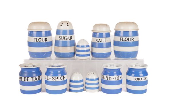 UPDATED: T.G. GREEN: FOUR CORNISHWARE SPICE JARS INCLUDING BORACIC, FLOUR, SALT AND SUGAR SHAKERS (11)