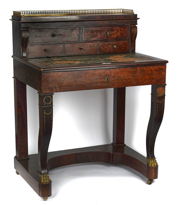 W. PRIEST, BLACKFRIARS; A REGENCY BRASS MOUNTED AND INLAID MAHOGANY WRITING DESK