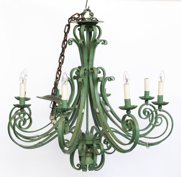 A WROUGHT-IRON GREEN PAINTED EIGHT LIGHT CHANDELIER