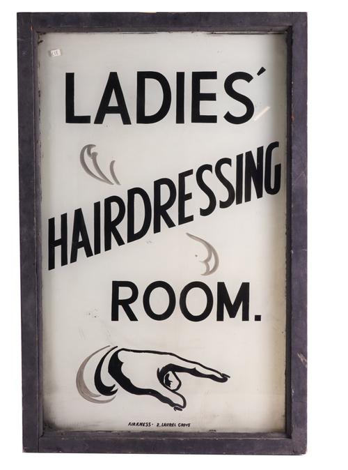 LADIES' HAIRDRESSING ROOM, AN EARLY 20TH CENTURY WHITE OPALINE GLASS SIGN