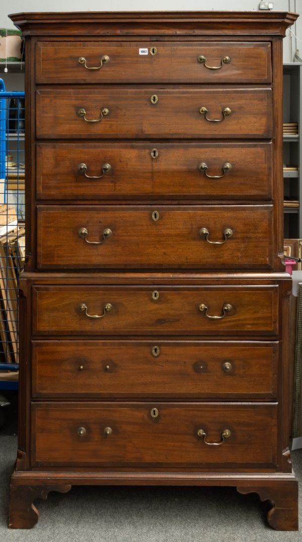 AN INLAID GEORGE II MAHOGANY CHEST-ON-CHEST WITH REEDED CANTED CORNERS