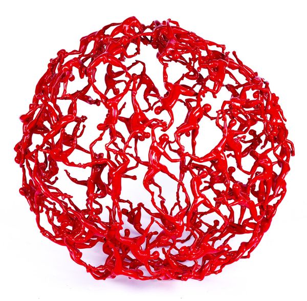 MAURO BONAVENTURA (ITALIAN, B.1965): RED LACQUERED METAL FIGURE SPHERE; SFERA, 2019