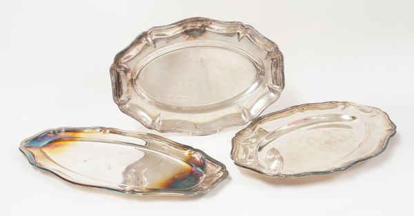 THREE SHAPED OVAL PLATED SERVING DISHES (3)