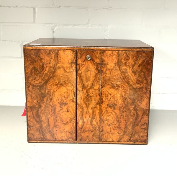 A 19TH CENTURY BURR WALNUT HUMIDOR, WITH BRAMAH LOCK