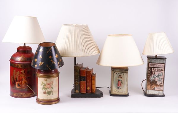 A FAUX BOOK TABLE LAMP, TOGETHER WITH TWO TOLE TEA CANISTER LAMPS (5)