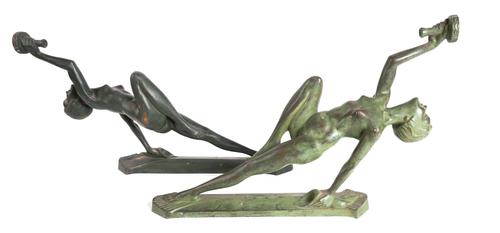 A PAIR OF ART DECO GREEN PATINATED BRONZE FIGURAL WALL APPLIQUÉS (2)