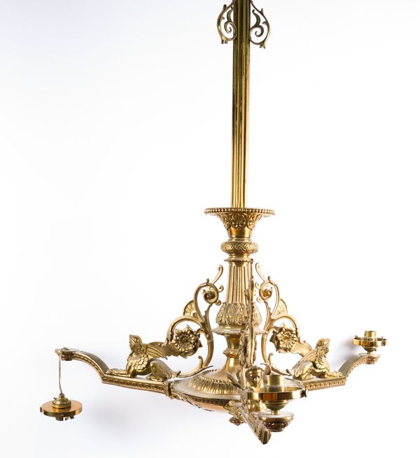 A VICTORIAN AESTHETIC GILT BRASS THREE LIGHT CHANDELIER