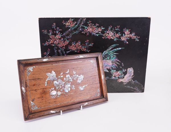 A LACQUER AND ABALONE INLAID BOX AND A HARDWOOD TRAY (2)