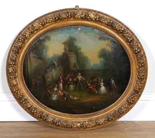 TWO PAIRS OF REVERSE GLASS PRINTS OF PASTORAL SCENES IN THE MANNER AFTER JEAN-ANTOINE WATTEAU (4)