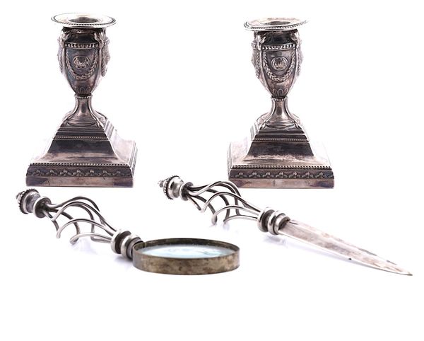 A PAIR OF VICTORIAN SILVER DWARF CANDLESTICKS AND TWO FURTHER ITEMS (3)