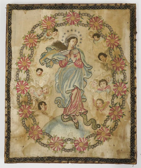 A SILK WORK EMBROIDERY OF THE VIRGIN IMMACULATE