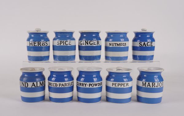 T.G. GREEN: TEN CORNISHWARE SPICE JARS INCLUDING CURRY-POWDER AND MARJORAM (10)