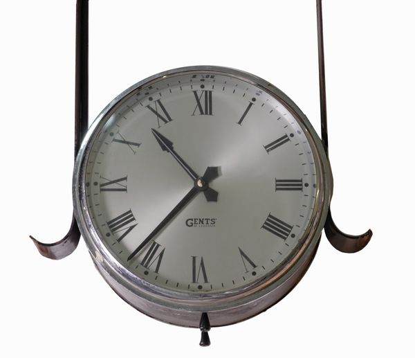 ‘GENTS’, A 20TH CENTURY BLACK PAINTED METAL DOUBLE SIDED CEILING MOUNTED CLOCK