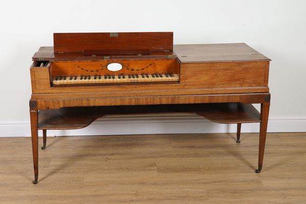 LONGMAN AND BRODERIP; AN 18TH CENTURY MAHOGANY AND SATINWOOD FRAMED SQUARE PIANO ON TAPERING SQUARE SUPPORTS