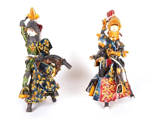 TWO POLYCHROME GLAZED CERAMIC KNIGHTS (2)