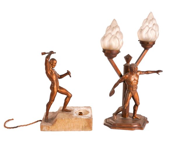 AN ART DECO GILT-METAL FIGURAL TABLE LAMP MODELLED AS OF A MALE ATHLETIC STONE BREAKER (2)
