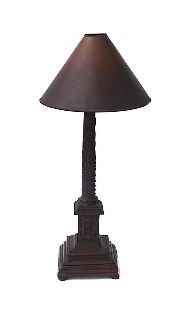 WNAI - A JACOBEAN STYLE CARVED OAK IONIC COLUMN TABLE LAMP