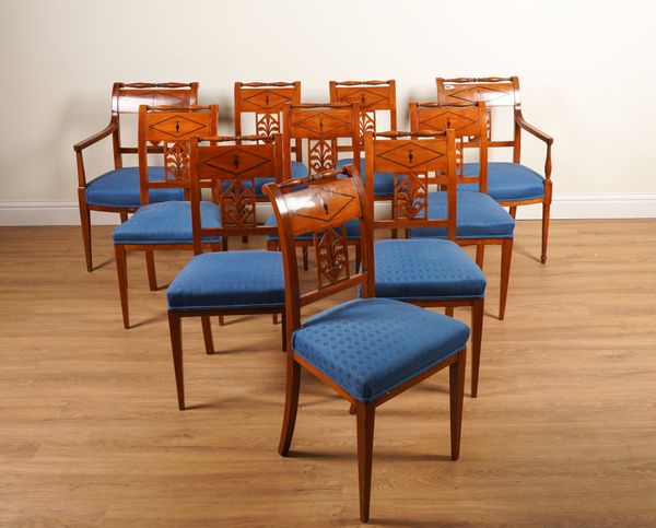 JEAN JOSEPH CHAPUIS; AS SET OF TEN INLAID SATINBIRCH DINING CHAIRS WITH PIERCED FEATHER PLUME SPLAT (10)