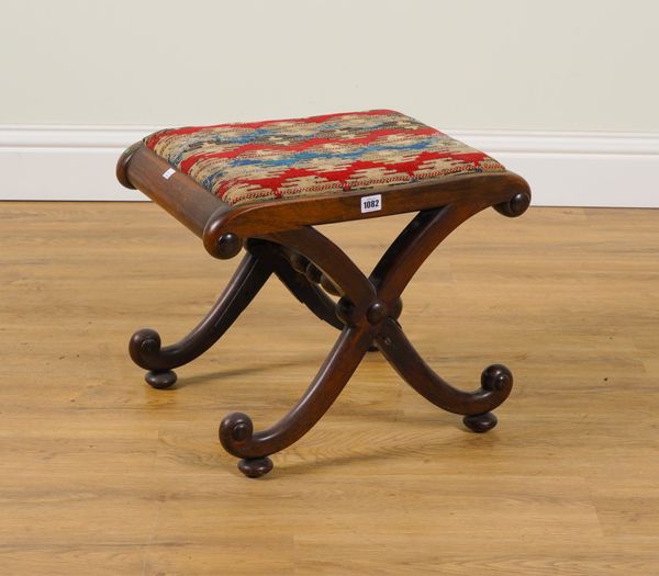 IN THE MANNER OF GILLOWS; A 19TH CENTURY ROSEWOOD X-FRAME FOOTSTOOL