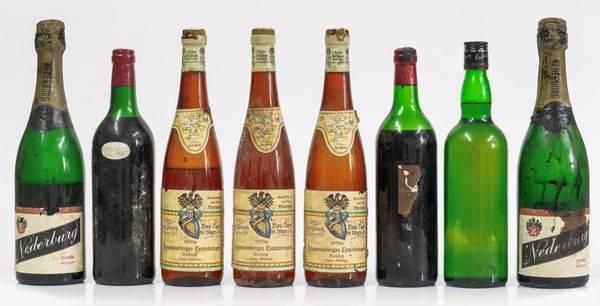 A GROUP OF MIXED BOTTLES INCLUDING THREE  JOHANNISBERGER ERNTEBRINGER REISLING, TWO NEDEBERG CURVEE, AND THREE UNLABELLED BOTTLES (8)