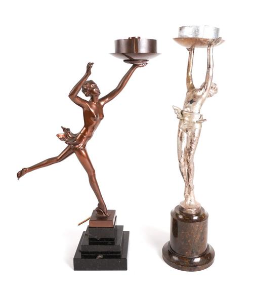 AN ART DECO SILVERED METAL FIGURAL TABLE LAMP MODELLED AS A DANCER AND ANOTHER (2)
