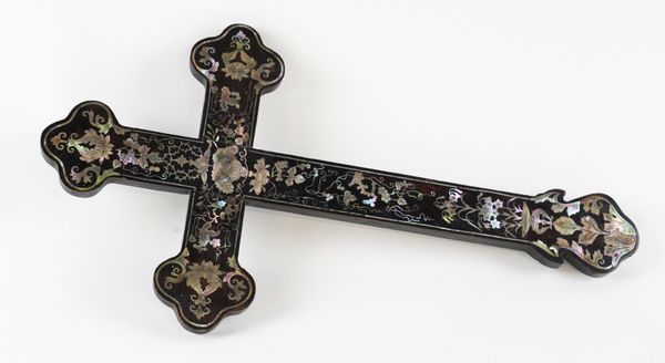 A CHINESE EBONISED WOOD AND MOTHER-OF-PEARL INLAID CRUCIFIX