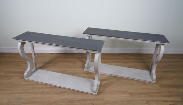 A PAIR OF GREY PAINTED CONSOLE TABLES (2)