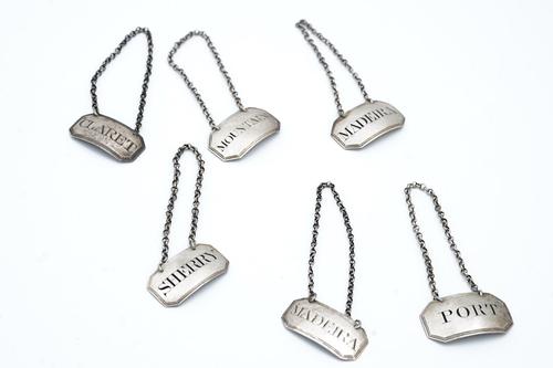 SIX SILVER CUT CORNERED RECTANGULAR DECANTER LABELS (6)