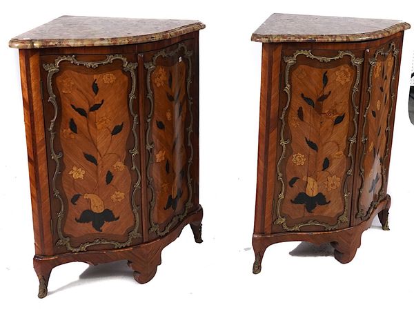 N.BERTHELMI; A PAIR OF LOUIS XV MARBLE TOPPED GILT-METAL MOUNTED FLORAL MARQUETRY INLAID KINGWOOD CORNER CABINETS (2)