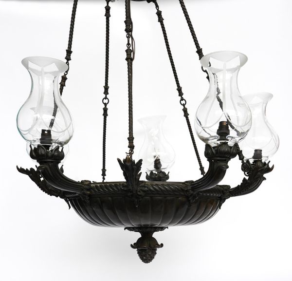 A PAIR OF REGENCY-STYLE PATINATED METAL FIVE-LIGHT CHANDELIERS (2)