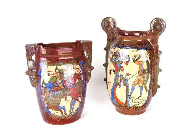 LOUIS ETIENNE DESMANT (FRENCH 1844-1902): TWO FAIENCE BAYEAUX TAPESTRY LUSTRE VASES (2)