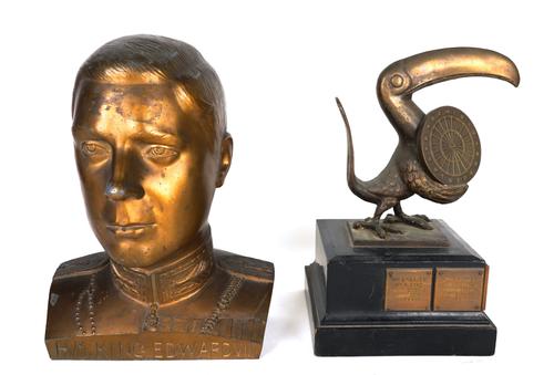 A BRASS PELICAN DARTS TROPHY AND A BUST OF KING EDWARD VIII (2)