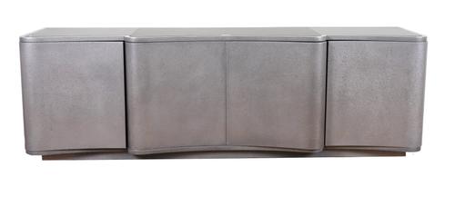 A SILVER PAINTED HARDWOOD SERPENTINE SIDEBOARD