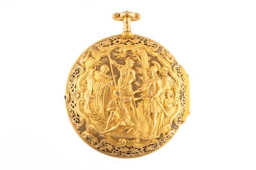 WINDMILLS, LONDON, A GOLD TWO-TONE PIERCED, ENGRAVED AND REPOUSSE, QUARTER-REPEATING, PAIR-CASED POCKET WATCH, WITH DUMB REPEATING