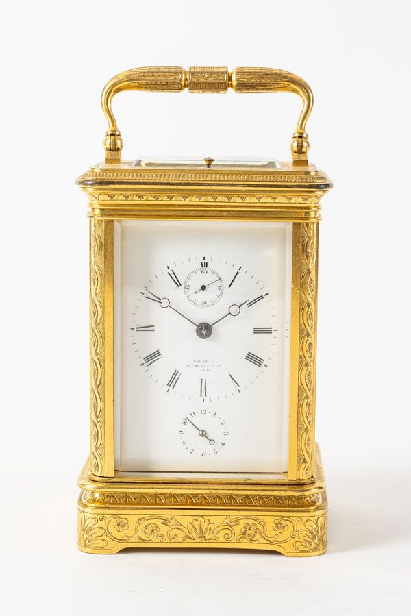 A FRENCH ENGRAVED GILT BRASS STRIKING AND REPEATING CARRIAGE CLOCK WITH DUPLEX ESCAPEMENT